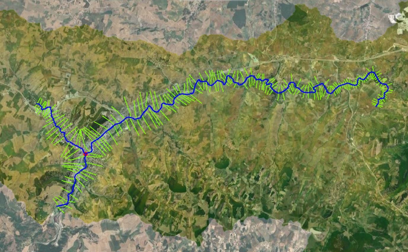 River centreline and model cross sections along the catchment over satellite imagery