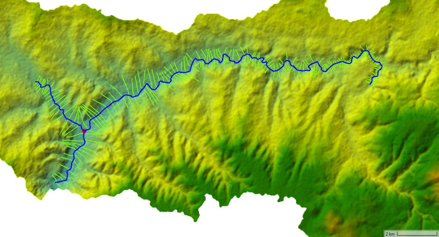 River centreline and HEC-RAS cross-section layout over a digital terrain model