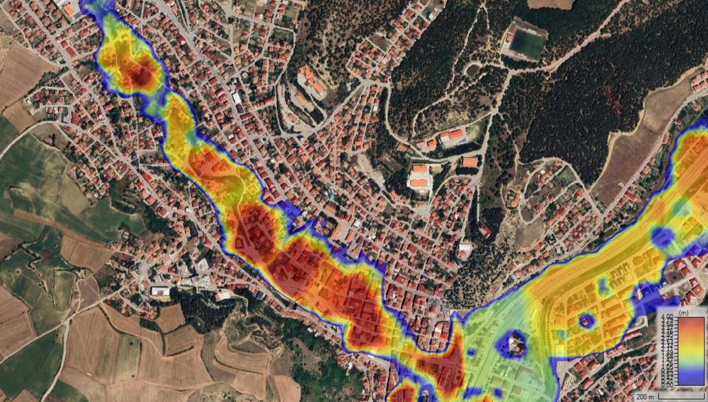 HEC-RAS flood depth map computed for a town centre