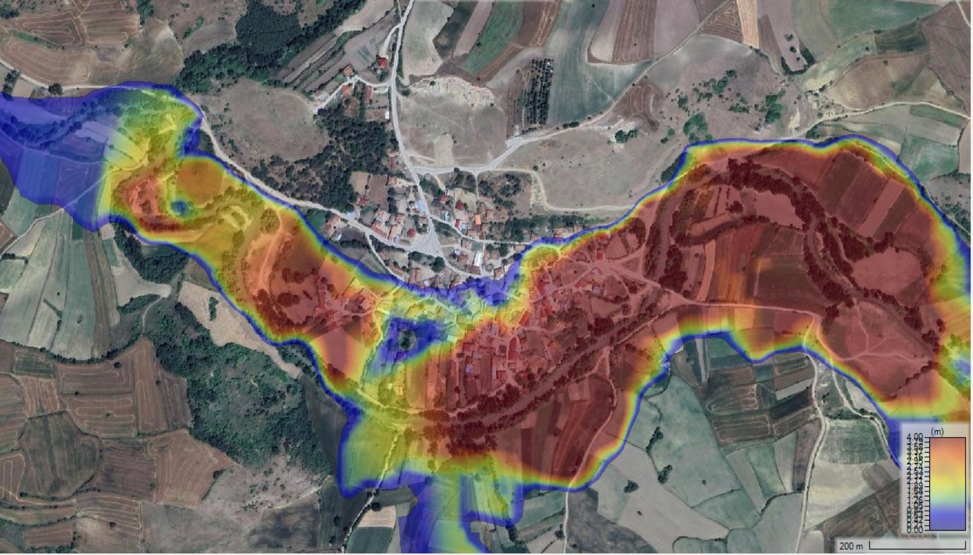 Flood extent and depth map in a rural settlement